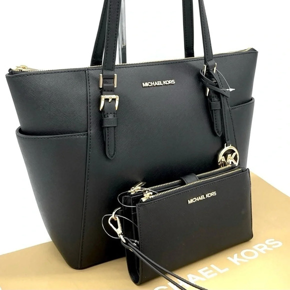 Michael Kors Charlotte Tote & Double Zip Wallet Black (NWT) - Picture 1 of 11